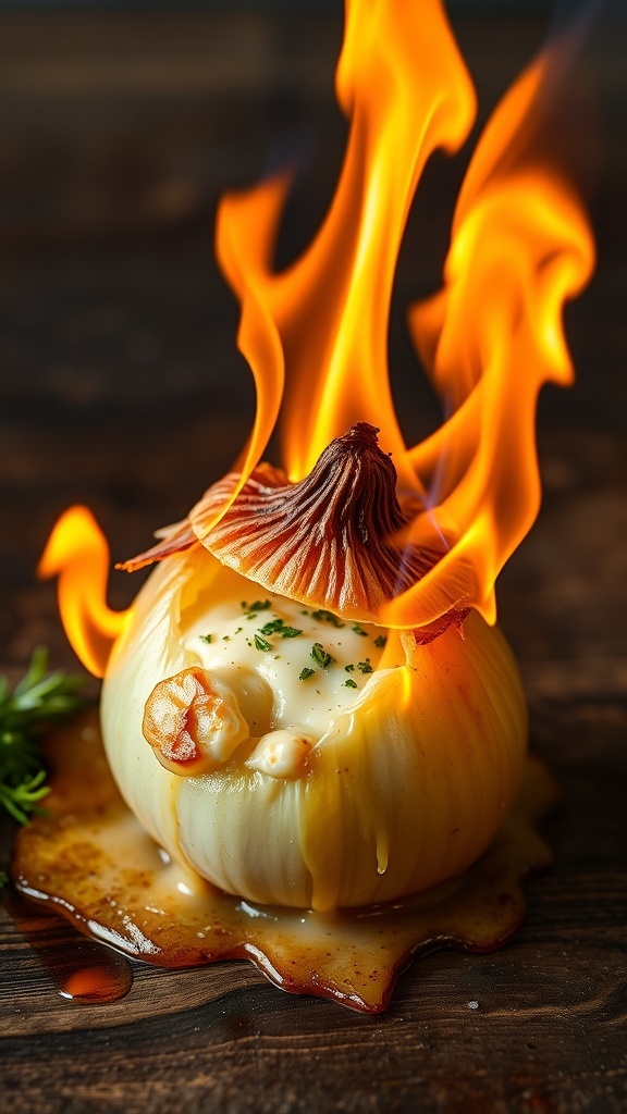 An onion volcano on a wooden table, filled with cheese and herbs, with flames rising from the top.